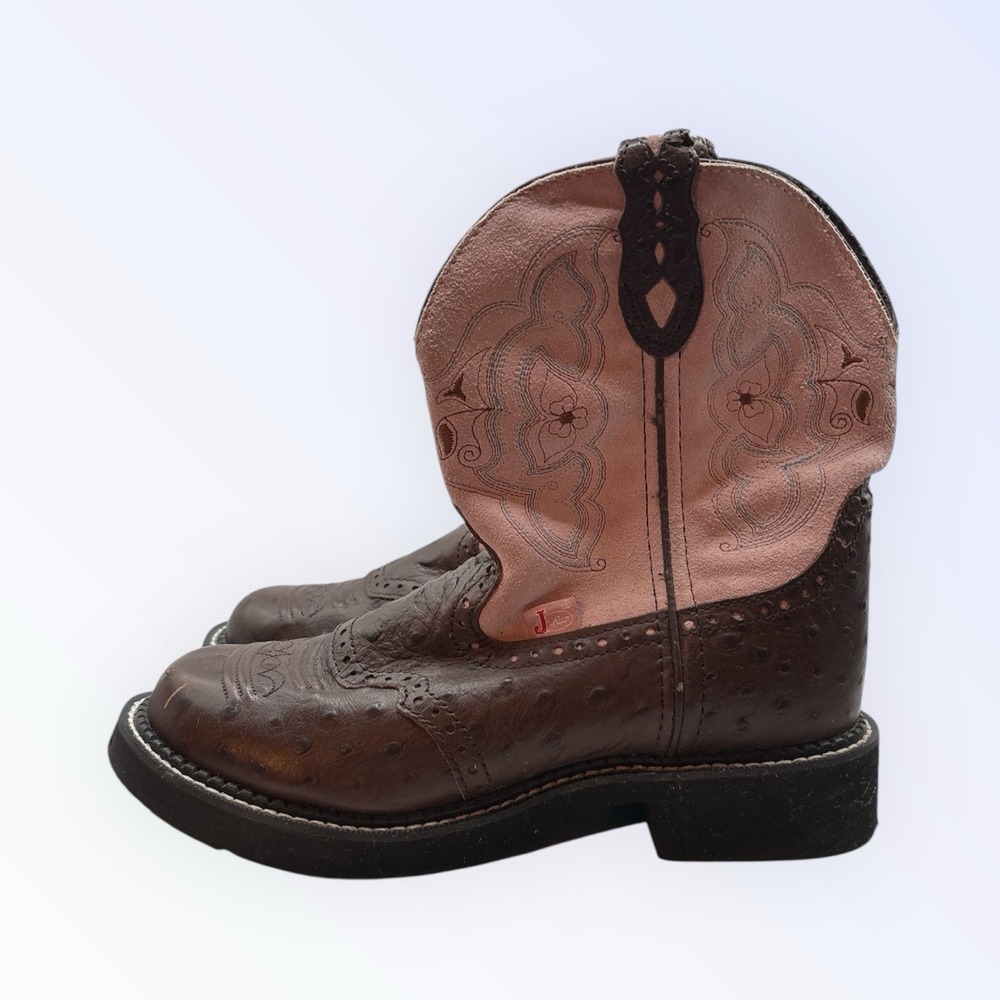 JUSTIN Gypsy L9901 Womens Size 7.5 B Brown Leather & Pink Pull On Cowgirl Boots